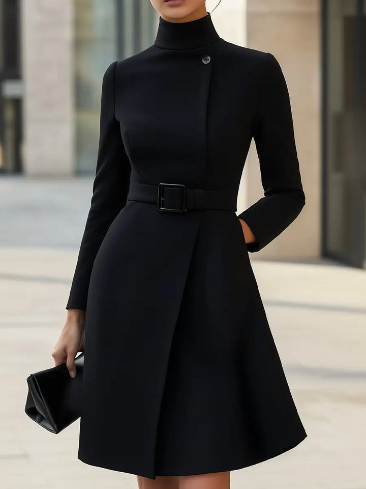 Black High-Neck Asymmetric Hem Belted A-Line - Midi Dress CASA LARO
