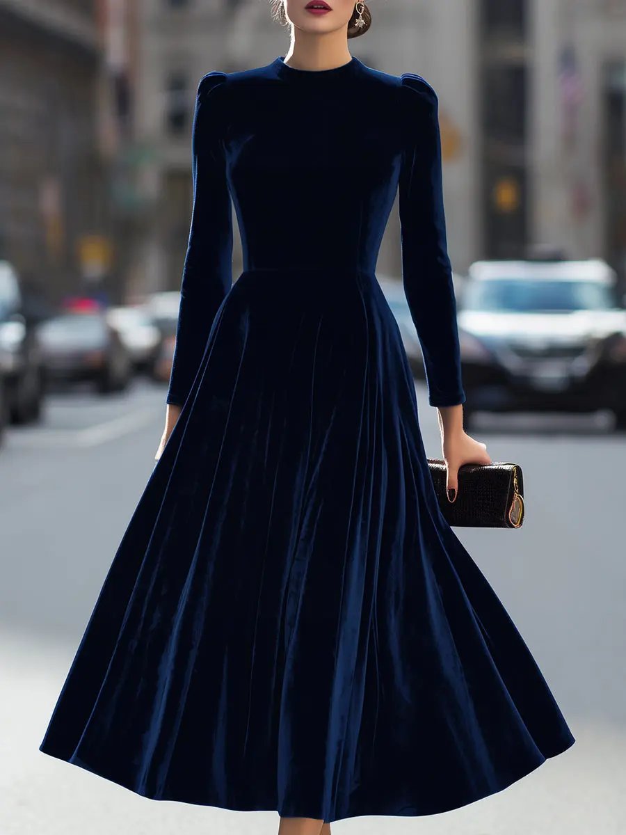 Navy Velvet Long-Sleeve Luxe - Midi Dress CASA LARO
