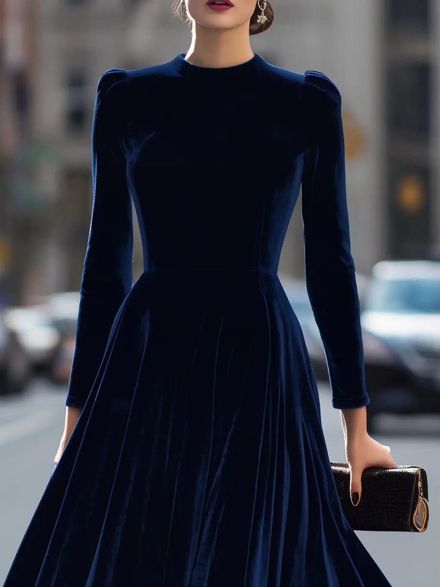 Navy Velvet Long-Sleeve Luxe - Midi Dress CASA LARO