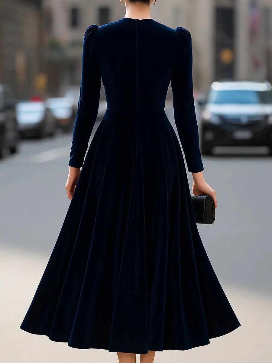 Navy Velvet Long-Sleeve Luxe - Midi Dress CASA LARO